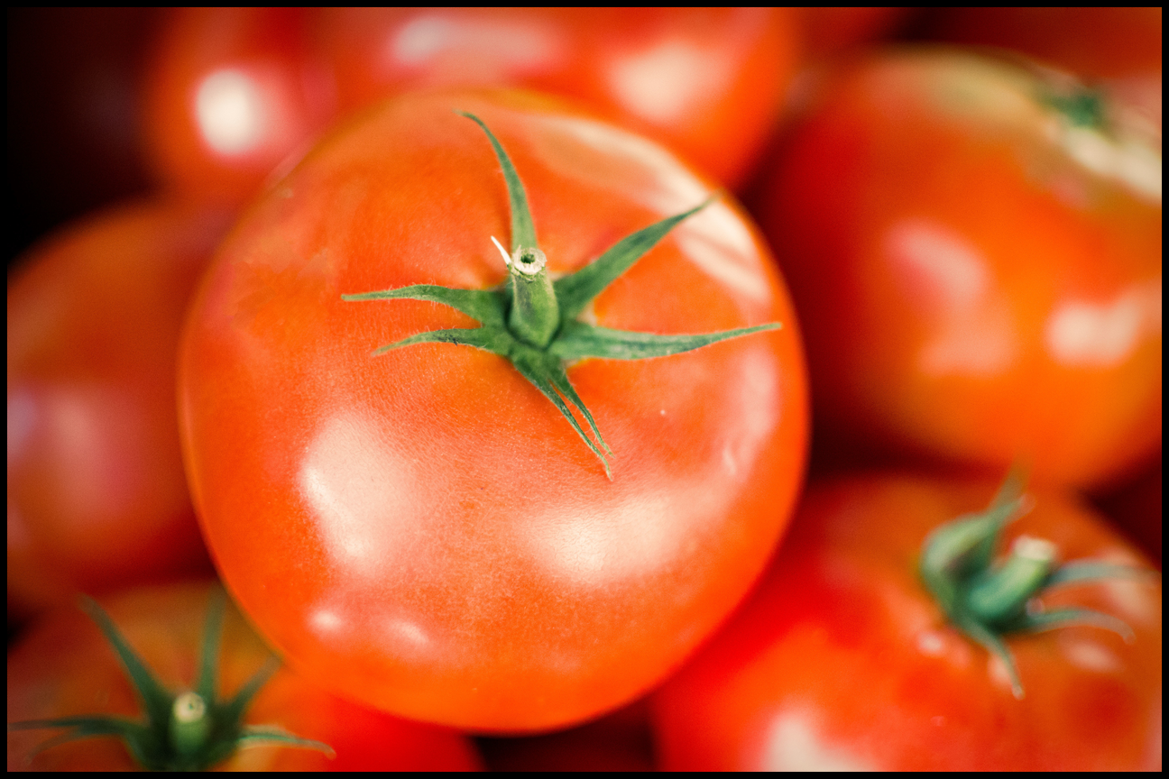 A close up of a ripe, fresh tomato.