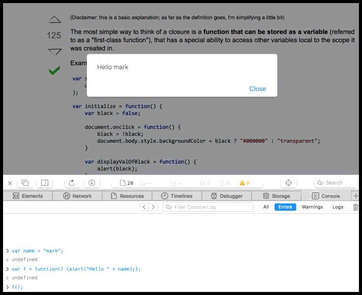 Screen shot of running above code in Safari JavaScript console.